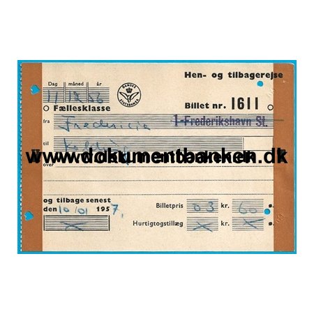 Togbillet  Frederikshavn - Kolding 1963