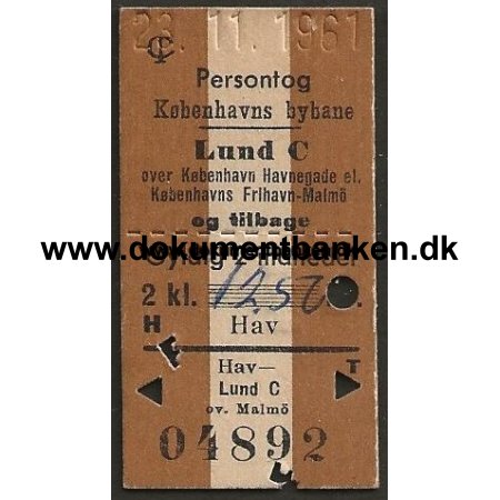 Togbillet Kbenhavns Bybane - Lund C. 1961