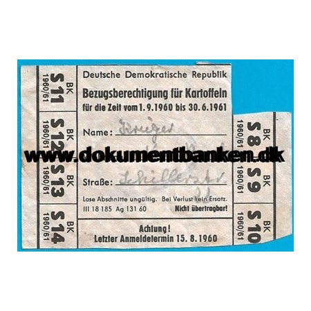 Rationeringskort for Kartofler stberlin DDR 1961