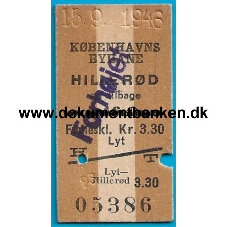 Togbillet Edmonsonsk Kbenhavn - Hillerd 1946