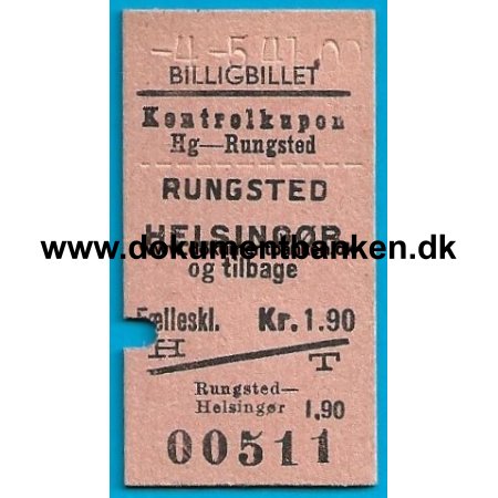 Togbillet Edmonsonsk Billigbillet Helsingr-Rungsted 1941