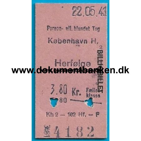 Togbillet Edmonsonsk Billigbillet Herflge - Kbenhavn 1941