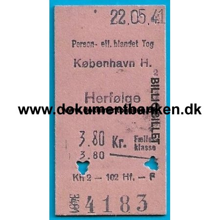 Togbillet Edmonsonsk Billigbillet Herflge - Kbenhavn 1941