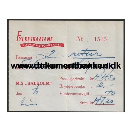 Fylkesbaatane M/S "Balholm" Billet Flm Norge 1949