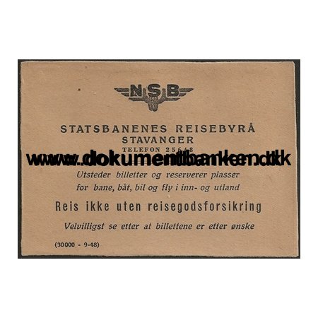 Statsbanenes Reisebyr Stavanger Visitkort Norge 1949