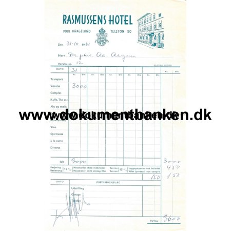 Rasmussens Hotel, Torvegade, Fborg, Regning, 1 november 1961