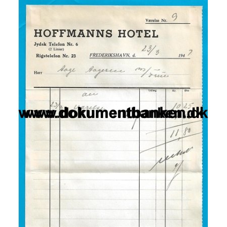 Hoffmanns Hotel, Frederikshavn, Regning, 23 marts 1947