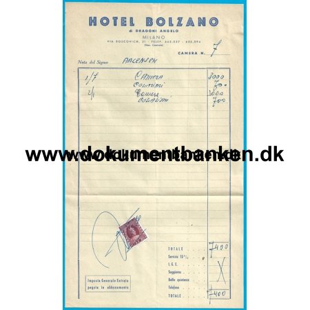Hotel Bolzano, Milano, Hotelregning, 3 juli 1963