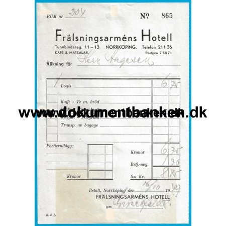 Frlsningsarmens Hotell Norrkping Regning