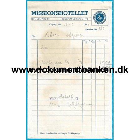 Missionshotellet Skolegade 36 Esbjerg Hotelregning