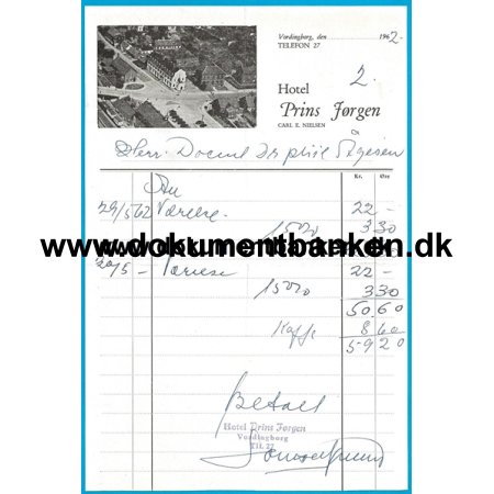 Hotel Prins Jrgen Vordingborg Hotelregning 1962