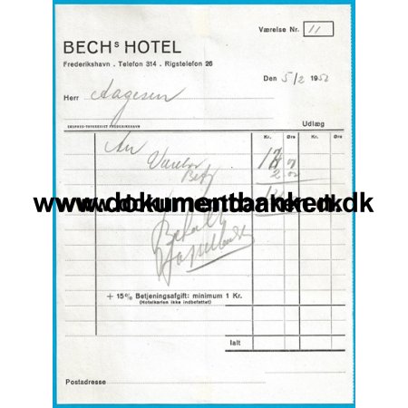 Bech's Hotel Frederikshavn Hotelregning 1952