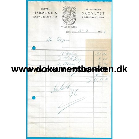 Hotel Harmonien Sby Hotelregning 1952