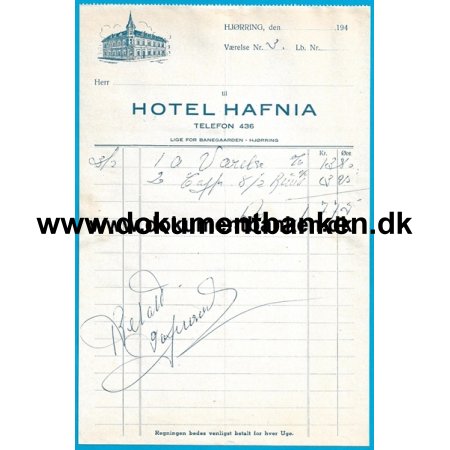 Hotel Hafnia Hjrring Hotelregning 1952