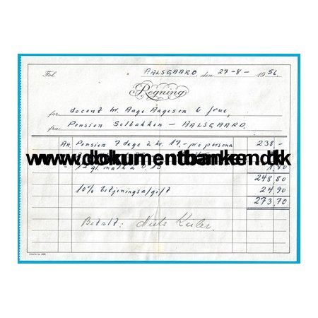 Pensionat Solbakken Aalsgaarde Regning 1956