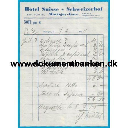 Hotel Suisse Martigny-Gare Schweiz Hotelregning 1954