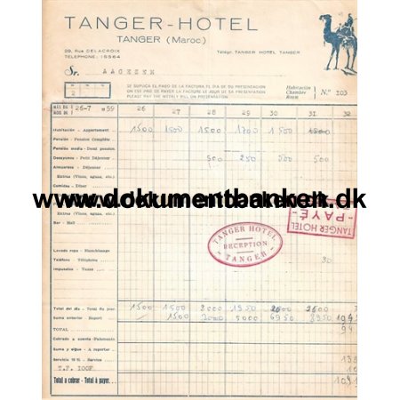 Tanger Hotel Marokko Hotelregning 1959