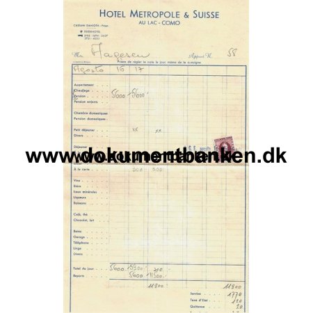 Hotel Metropole & Suisse Como Italien Hotelregning 1959