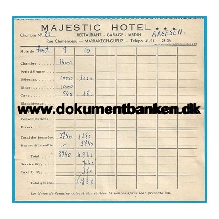 Majestic Hotel Rue Clemenceau Marrakech Hotelregning 1959