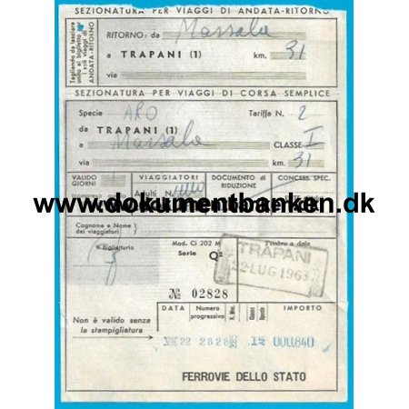 Togbillet Trapani - Marsala Italien 1963