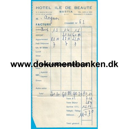 Hotel Ile de Beaute Bastia Korsika Hotelregning 1962