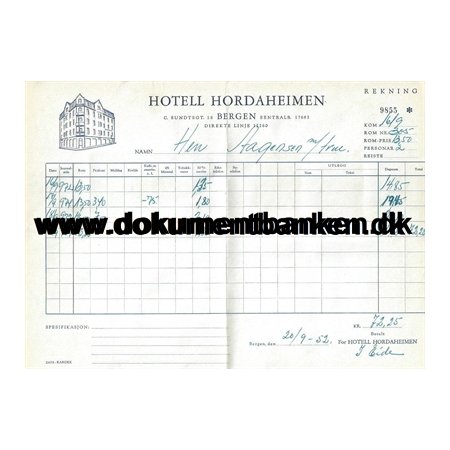 Hotel Hordaheimen Bergen Hotelregning 1952