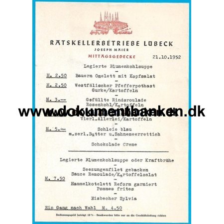 Rtskellerbetriebe Lbeck Tyskland Menuseddel 1952