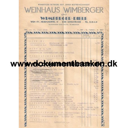Weinhaus Wimberger Wien strig Speisenkarte 1950