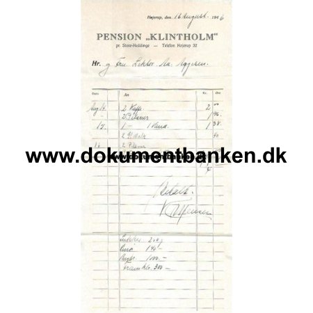 Pension Klintholm pr. Store Heddinge Hotelregning 1946
