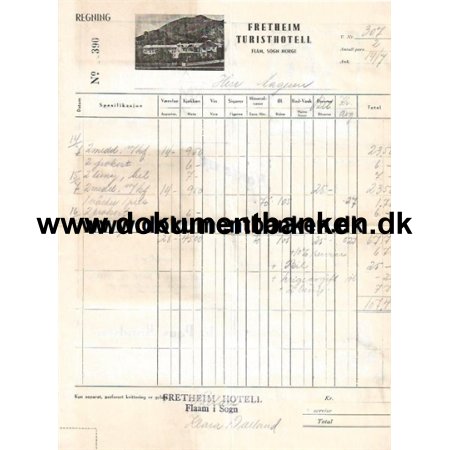 Fretheim Turisthotel Flam Sogn Norge Hotelregning 1946