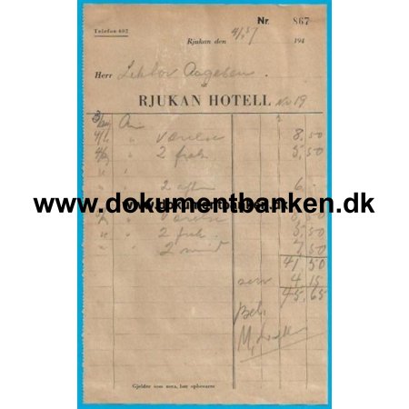 Rjukan Hotel Norge Hotelregning 1946