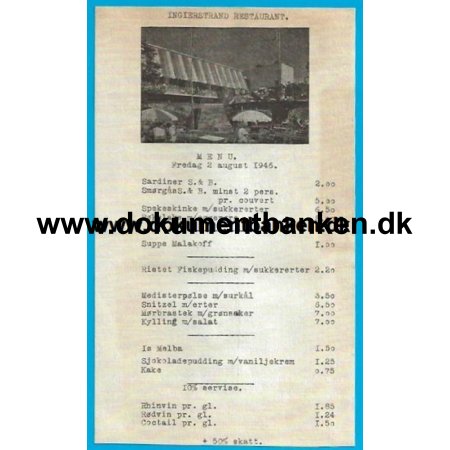 Ingierstrand Restaurant Norge Menukort 1946