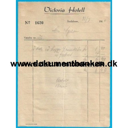 Victoria Hotell ndalsns Norge Hotelregning 1946