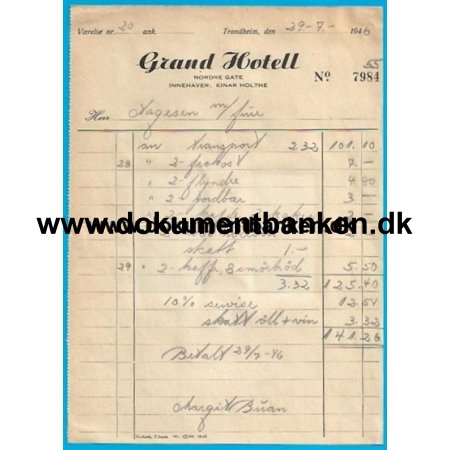 Grand Hotel Nordre Gate Trondheim Norge Hotelregning 1946