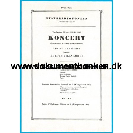 Statsradiofonien Koncert Heitor Villa-Lobos Program Billet 1951