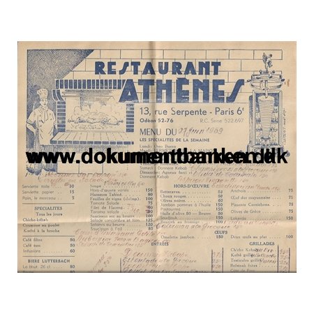 Restaurant Athenes, Rue Serpente 13, Paris 6 Menukort 27 juni 1959