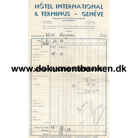 Hotel International & Terminus Hotelregning Geneve Schweiz 1947