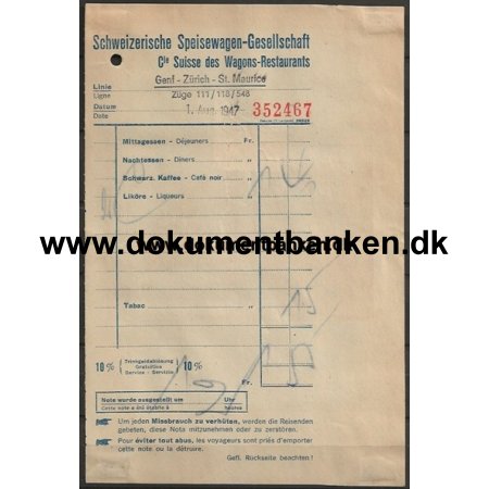 Schweizerische Speisewagen-Gesellschaft Regning Lausanne - Neuchatel Schweiz 1947