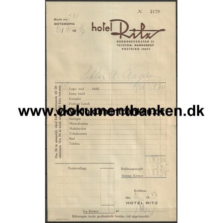 Hotel Ritz Hotelregning Gteborg Sverige 1947