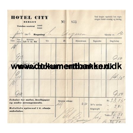 Hotel City Bergen Hotelregning Norge 1946