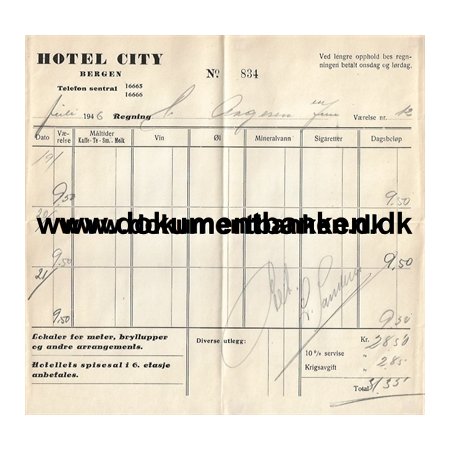 Hotel City Bergen Hotelregning Norge 1946