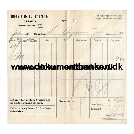 Hotel City Bergen Hotelregning Norge 1946