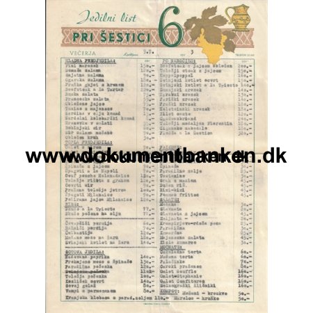 Slovenien Restatracije Sestica  Ljubljana Menu Slovenien Prisliste 1953