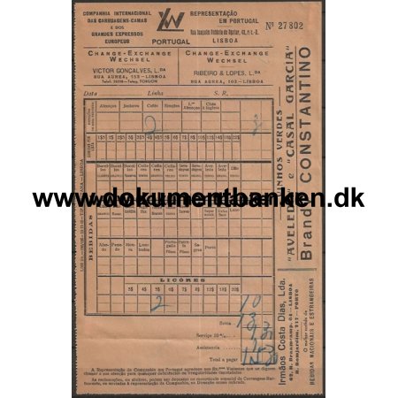 Wagon Lits Portugal Restaurantvogn Regning 1949