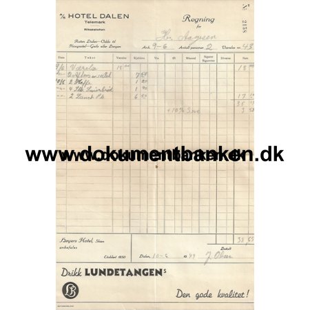 A/S Hotel Dalen Telemark Norge Hotelregning 1949