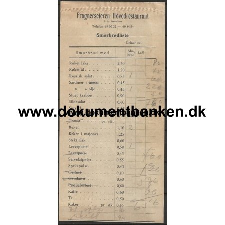 Frognesseterens Restaurant Oslo Norge Regning 1949