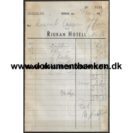 Rjukan Hotel Norge Hotelregning 1949