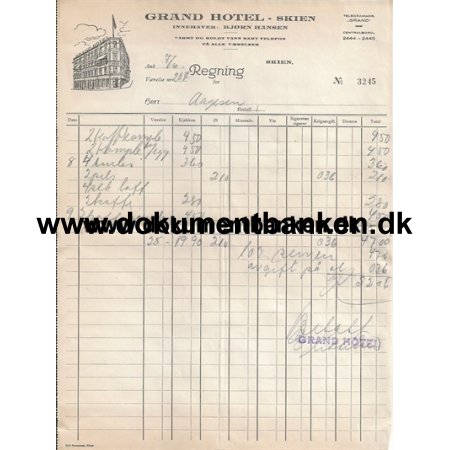 Grand Hotel Skien Norge Hotelregning 1949