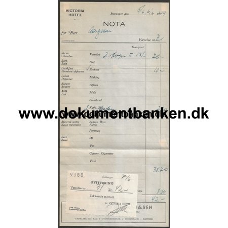 Victoria Hotel Stavanger Norge Hotelregning 1949