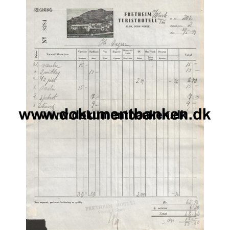 Fretheim Hotel Flaam i Sogn Norge Hotelregning 1949